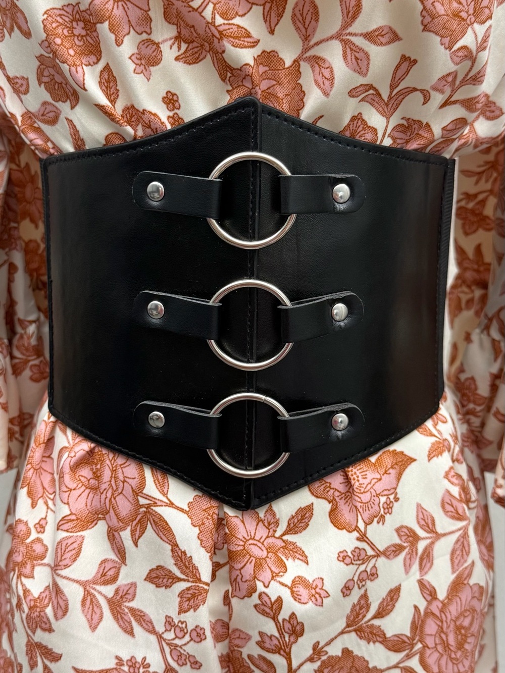 Black Wide Elastic Waist Belt Corset Style Silver O-Ring Stretch Belt Goth Y2K
